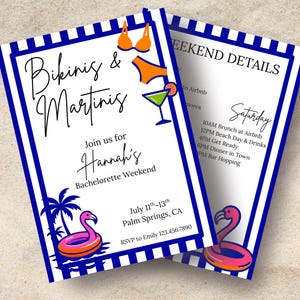 Bikinis and Martinis Bachelorette Invitation | Pool Party Weekend Itinerary | Palm Springs Bachelorette Template | Editable Canva Invite