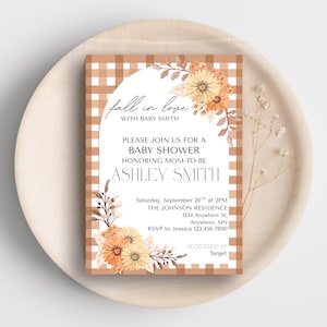 Fall Baby Shower Invitation Bundle | Fall in Love Gingham & Floral | Canva Editable, Digital Download