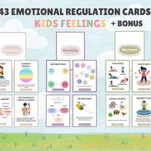 Puede incluir: Un conjunto de 43 tarjetas de regulación emocional para niños. Las tarjetas presentan ilustraciones y texto sobre temas como la atención plena, la respiración y el movimiento. Fondo azul claro, hierba verde en la parte inferior y nubes blancas en la parte superior.
