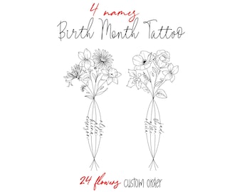 Puede incluir: Diseño de arte lineal en blanco y negro con dos ramos de flores con nombres y el texto "4 names Birth Month Tattoo" y "24 flowers custom order". Los ramos están atados con cuerdas.