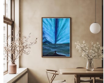 May include: A blue and white abstract painting with a dark blue base and a light blue sky with white clouds. The painting is framed in a dark wood frame and is hanging on a beige wall.