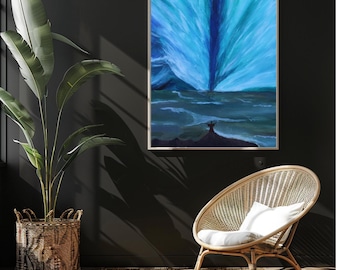 May include: A painting of a blue and green abstract design with a dark silhouette of a person standing in front of a body of water.