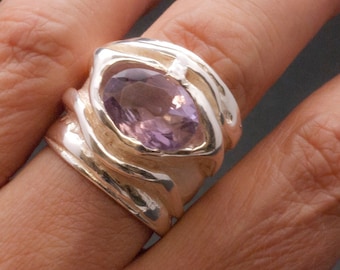 Unique Large Purple Amethyst Sterling Silver Wide Band Ring, Big Statement Designer Ring, Amethyst Jewelry