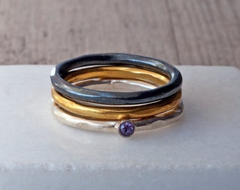 Stacking Dainty Ring Set, Sterling Silver-Gold Plated-Black Oxidized Thin Band Rings, Trending Mix and Match Jewelry