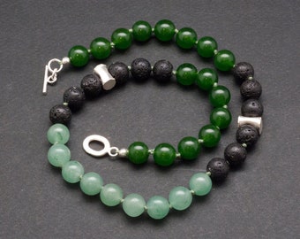 Green Jade and Black Lava Stone Necklace, Santorini Gemstone Designer Necklace, Lava Jewelry, Jade Jewelry