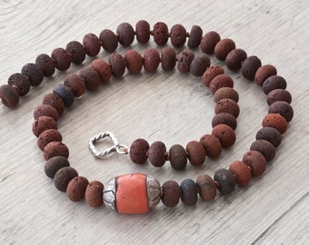 Boho Lava Stone Necklace and Red Coral Old Bedouin Bead, Ethnic Chunky Hand Knotted Necklace, Lava Stone Jewelry, Bohemian Jewelry, OOAK