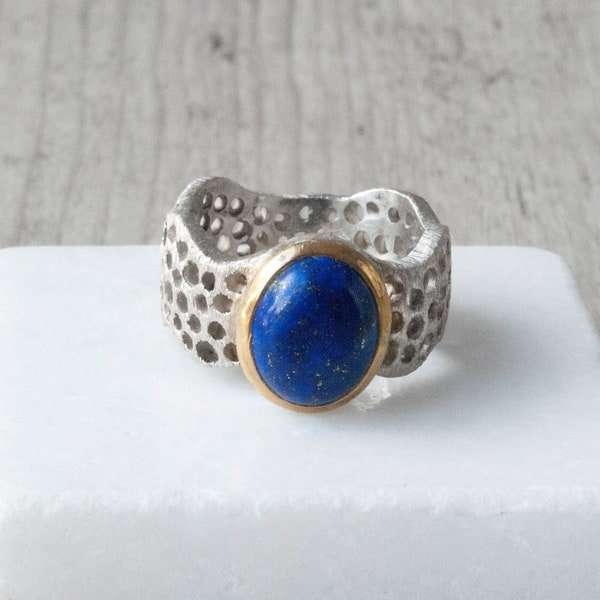 Blue Lapis Lazuli Sterling Silver Wide Band Statement Ring, Natural Lapis Lazuli Jewelry