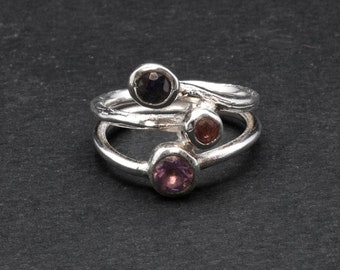 Sterling Silver Multi-Gemstone Ring with Purple Amethyst Pink Tourmaline and Smoky Quartz, Elegant Cocktail Ring Gift for Her