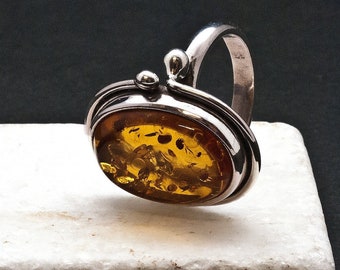 Natural Amber Sterling Silver Big Ring, Large Gemstone Statement Ring Gift