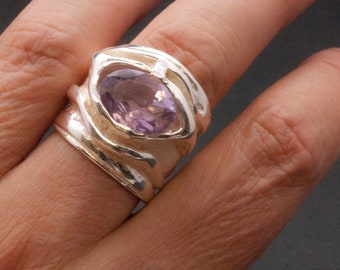 Unique Large Purple Amethyst Sterling Silver Wide Band Ring, Big Statement Designer Ring, Amethyst Jewelry