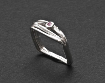 Red Ruby Square Band Sterling Silver Ring, Delicate Gemstone Ring, Contemporary Ruby Jewelry, July Birthstone Ring Gift