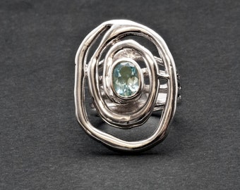 Blue Topaz Big Sterling Silver Spiral Ring, Statement Gemstone Large Ring, Blue Topaz Jewelry, November Birthstone Gift for Her