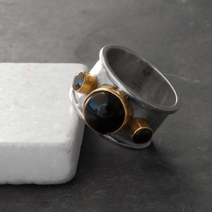Black Spinel Wide Band Sterling Silver Ring, Unisex Big Statement Gemstone Ring, Black Jewelry