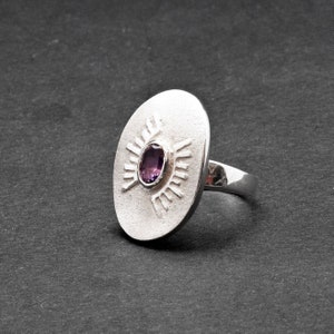 Large Oval Amethyst Ring: Sandblast Sterling Silver, February Birthstone