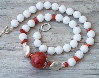 Red and White Natural Coral Necklace with Handmade Sterling Silver Fish Details, Unique Hand-Knotted Statement Necklace