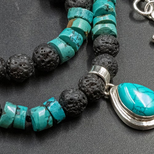 Blue Turquoise and Black Lava Stone Statement Necklace, Hand-knotted Black Beads and Sterling newest Silver Turquoise Pendant Necklace Gift for Her