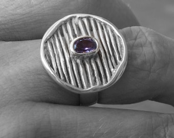 Purple Amethyst Sterling Silver Ring, Geometric Designer Ring, February Lucky Birthstone Gift, Amethyst Jewelry