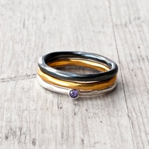 Stacking Dainty Ring Set, Sterling Silver-Gold Plated-Black Oxidized Thin Band Rings, Trending Mix and Match Jewelry