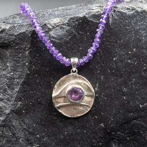 Purple Amethyst Sterling Silver Pendant on Amethyst Beaded Necklace, February Birthstone Statement Necklace, Natural Amethyst Jewelry