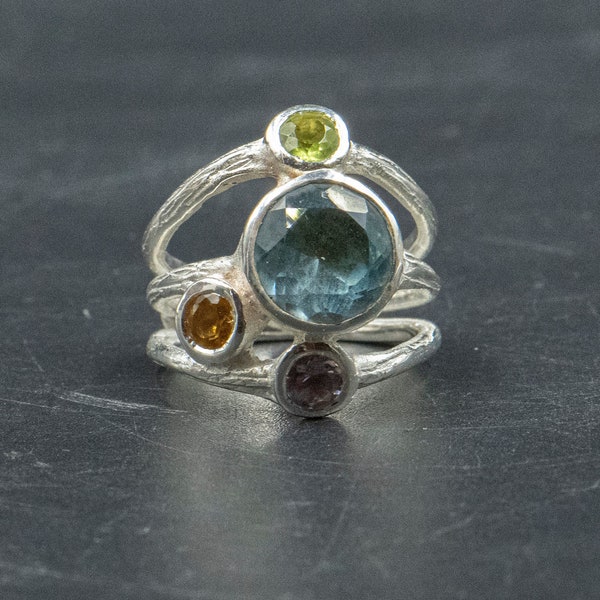 Gemstone Sterling Silver Wide Band Ring, Blue Topaz Amethyst Citrine and Peridot Anniversary Ring Glamorous Gift for Her