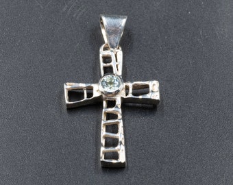 Sterling Silver Cross Pendant Necklace with Blue Topaz Gemstone, Christian Cross Religious Gift for Him or Her, Cross Jewelry