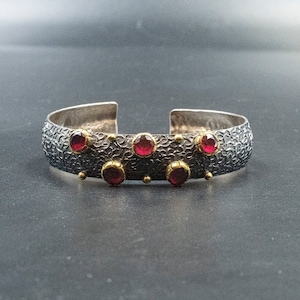 Orange Garnet and Sterling Silver Cuff Bracelet, Gemstone Black Band Bracelet, Garnet Jewelry, January Lucky Birthstone Gift