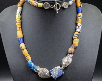 African Trade Glass Bead Long Necklace with Raw Lapis Lazuli Large Bead and Sterling Silver Fish Detail, Unique Statement Necklace