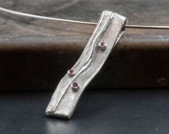 Sterling Silver Long Pendant with Natural Red Rubies, Unisex Gemstone Necklace, July Lucky Birthstone Gift