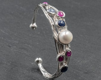 Blue Sapphires Red Rubies and Cultured White Pearl Sterling Silver Cuff Bracelet, Designer Statement Bracelet, Wedding Precious Jewelry