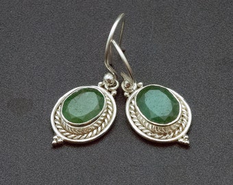 Emerald Sterling Silver Dangle Earrings: Natural Green Gemstone, May Birthstone