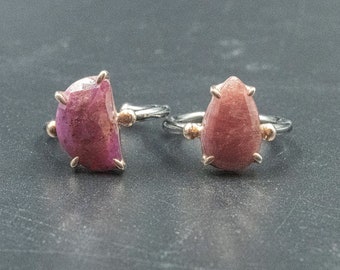 Dark Pink Ruby Sterling Silver Ring: Teardrop Solitaire, July Birthstone