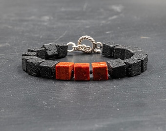 Pulsera de piedra de lava negra y coral rojo: cierre de plata de ley