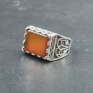 Men&#39;s Orange Agate and Sterling Silver Ring, Square Sovereign Ring, Chevalier Ring Gift for Him, Statement Men&#39;s Jewelry