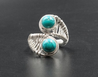 Blue Turquoise Sterling Silver Large Ring, Handmade Big Howlite Gemstone Twist Band Statement Ring