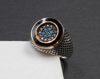 Black Enamel Blue Turquoise and CZ Diamond Sterling Silver Men's Ring, Chevalier Statement Pinky Ring, Men's Jewelry, Gift for Him