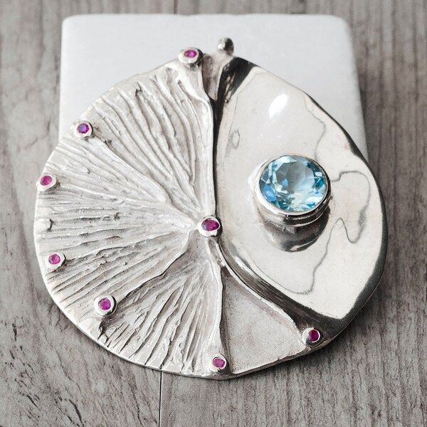 Extra Large Statement Sterling Silver Pendant with Natural Blue Topaz and Natural Red Rubies, Designer Gemstone Fine Jewelry Gift for Her