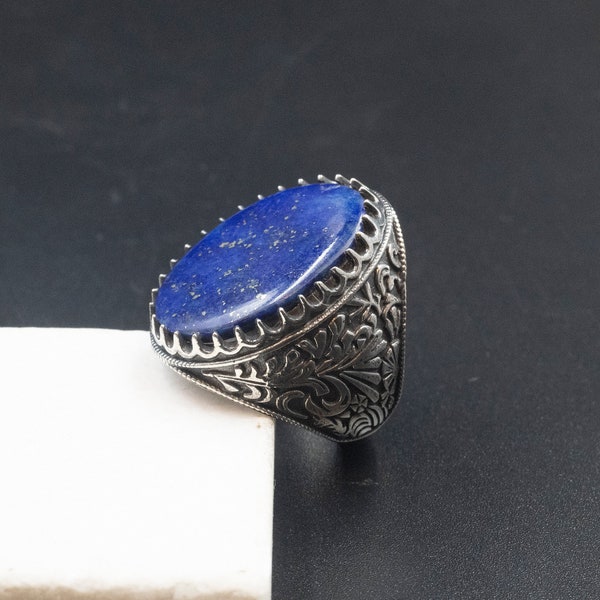 Mens Handmade Big Ring, Blue Lapis Lazuli Gemstone Sterling Silver Ring, Boho Ring, Gift for Him, Statement Ring, Lapis Lazuli Mens Jewelry