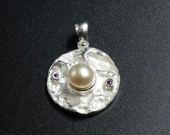 Collier pendentif en argent sterling avec perle blanche de culture et rubis rouge naturel, bijoux de mariée en perles, cadeau de mariage/anniversaire de perles