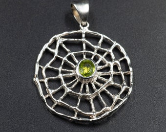 Green Peridot Sterling Silver Silver Spider Web Large Pendant, August Lucky Birthstone Necklace Gift for Her, Peridot Fine Jewelry