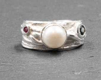 Cultured White Pearl Blue Sapphire and Red Ruby Sterling Silver Ring, Handmade Statement Designer Ring, Precious Jewelry