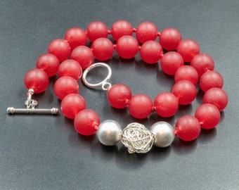 Red Jade and Sterling Silver Beads Statement Necklace, Designer Jade Jewelry, Red Necklace Gift for Her