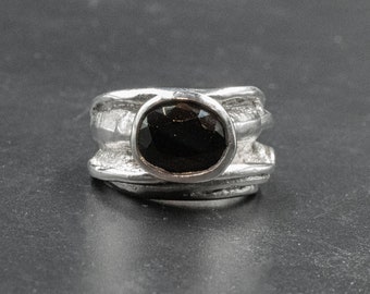 Black Spinel Sterling Silver Wide Band Ring, Promise Big Ring, Unisex Large Natural Gemstone Designer Ring Gift