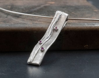 Sterling Silver Long Pendant with Natural Red Rubies, Unisex Gemstone Necklace, July Lucky Birthstone Gift