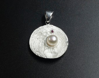 Sterling Silver Pearl Pendant with Natural Ruby: June Birthstone
