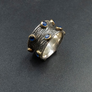 Blue Sapphire Sterling Silver Wide Band Ring, Blue Gemstone Statement Ring, Sapphire Jewelry, September Lucky Birthstone Gift Ring