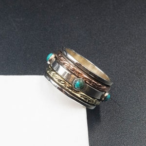 Blau Türkis und Sterling Silber breit Bandring mit Sterling Silber Messing und Kupfer Spinner Bands, Männer und Frauen Mix Metallring