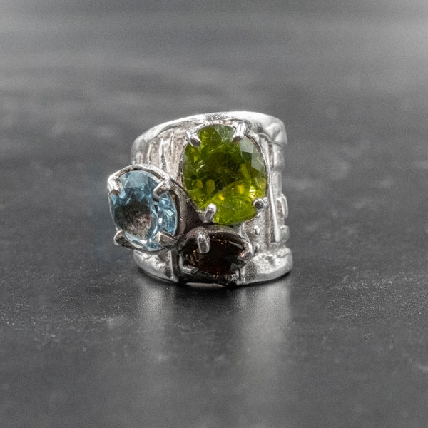Green Peridot Blue Topaz and Purple Amethyst Sterling Silver Wide Band Big Ring, Bold and Glamorous High Fashion Gemstone Ring Gift for Her