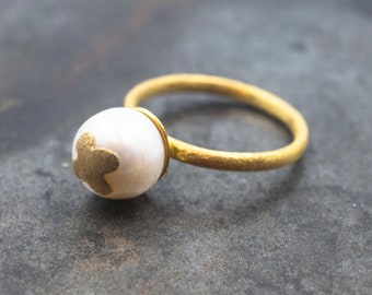 18K Solid Gold Ring with Real White Freshwater Pearl, Delicate Bridal Ring, Pearl Anniversary Gift, Pearl Jewelry