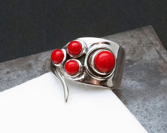 Red Coral Sterling Silver Ring, Red Coral Jewelry, Designer Handmade Ring Gift for Her