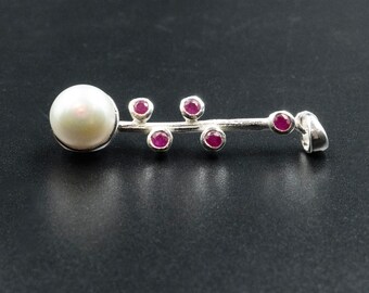 Cultured White Pearl and Red Rubies Sterling Silver Long Pendant, Pearl Bridal Necklace, Pearl Anniversary Gift for Her